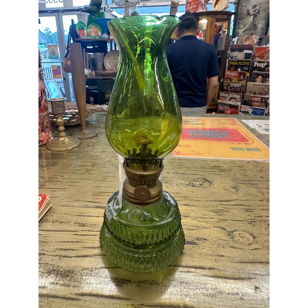 Vintage Small Green Glass Oil Lamp 8in tall